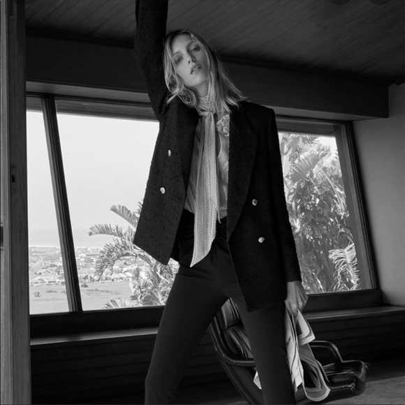 Zara Textured Weave Tweed Blazer Jacket Black Gold Buttons Large L boucle - Picture 3 of 10